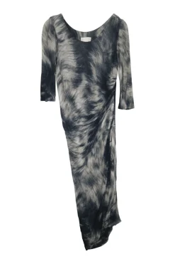 Charcoal wool-blend pullover fur digi print jersey knit long sleeve ruched midi dress