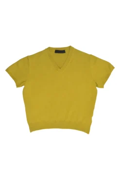 Chartreuse cotton jersey V-neck cap sleeve pullover knit top