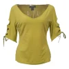 Chartreuse elastane-blend portrait neck pullover top with cutout lace-up half sleeves