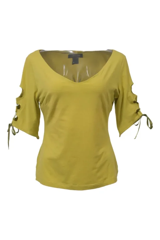 Chartreuse elastane-blend portrait neck pullover top with cutout lace-up half sleeves