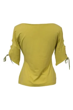 Chartreuse elastane-blend portrait neck pullover top with cutout lace-up half sleeves