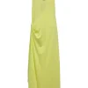 Chartreuse lace-trimmed Tencel-blend jersey knit slip dress with tuck-pleat hip detail