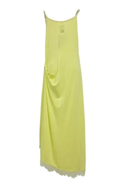 Chartreuse lace-trimmed Tencel-blend jersey knit slip dress with tuck-pleat hip detail