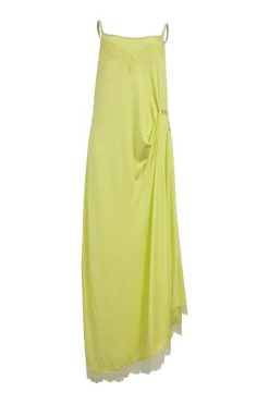 Chartreuse lace-trimmed Tencel-blend jersey knit slip dress with tuck-pleat hip detail