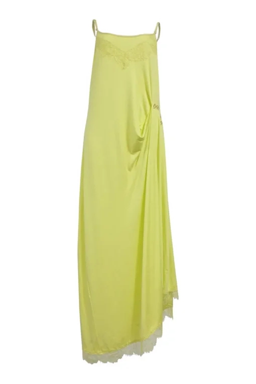 Chartreuse lace-trimmed Tencel-blend jersey knit slip dress with tuck-pleat hip detail