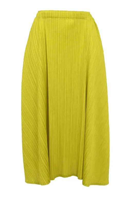 Chartreuse polyester pull-on plissé midi skirt
