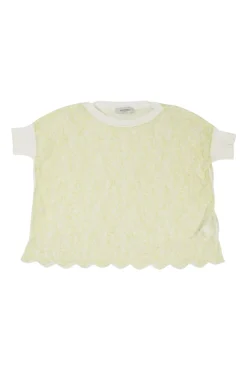 Chartreuse semi-sheer scalloped cotton floral lace boxy crop top with contrast rib collar and cuffs