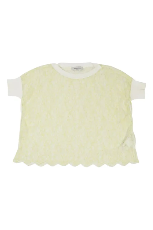 Chartreuse semi-sheer scalloped cotton floral lace boxy crop top with contrast rib collar and cuffs