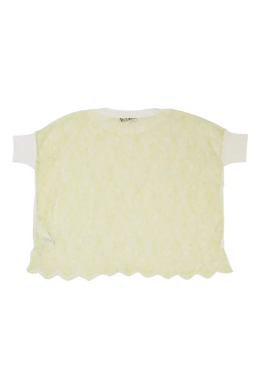 Chartreuse semi-sheer scalloped cotton floral lace boxy crop top with contrast rib collar and cuffs