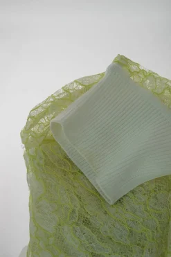 Chartreuse semi-sheer scalloped cotton floral lace boxy crop top with contrast rib collar and cuffs