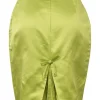 Chartreuse silk pull-on knee-length pencil skirt with rear bow-embellished plissé godet insert