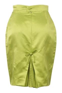 Chartreuse silk pull-on knee-length pencil skirt with rear bow-embellished plissé godet insert