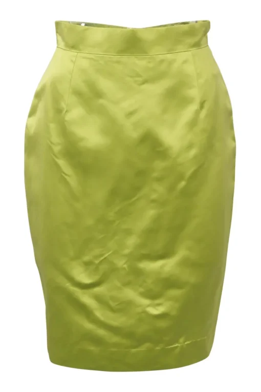 Chartreuse silk pull-on knee-length pencil skirt with rear bow-embellished plissé godet insert