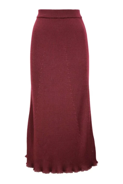Cherry red virgin wool and mohair rib knit high-waisted flared midi-skirt with fringed edges