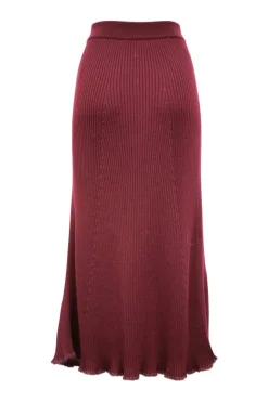 Cherry red virgin wool and mohair rib knit high-waisted flared midi-skirt with fringed edges