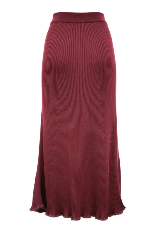 Cherry red virgin wool and mohair rib knit high-waisted flared midi-skirt with fringed edges