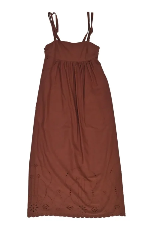 Clay cotton poplin scalloped broderie Anglaise swing-style slip dress with adjustable spaghetti straps