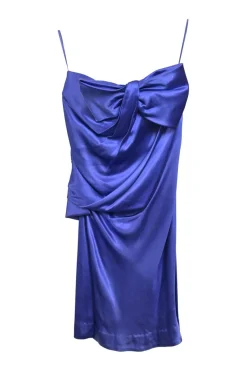 Cobalt blue acetate-blend bow-embellished draped satin ruched slip dress with fixed spaghetti straps