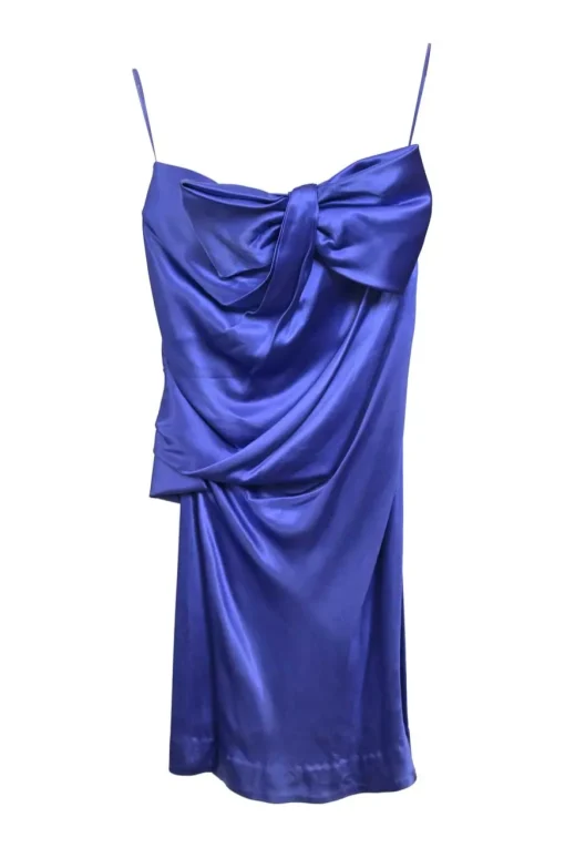 Cobalt blue acetate-blend bow-embellished draped satin ruched slip dress with fixed spaghetti straps