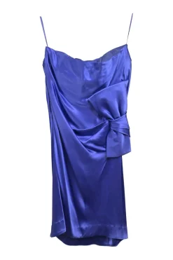 Cobalt blue acetate-blend bow-embellished draped satin ruched slip dress with fixed spaghetti straps