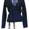 Cobalt blue and black viscose-blend rib knit wrap-front long sleeve top with scalloped edges
