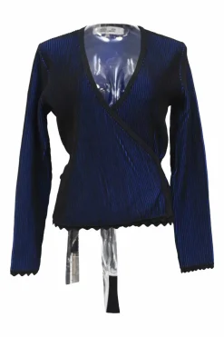 Cobalt blue and black viscose-blend rib knit wrap-front long sleeve top with scalloped edges