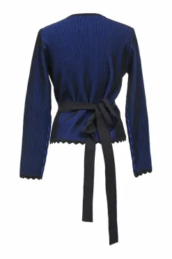 Cobalt blue and black viscose-blend rib knit wrap-front long sleeve top with scalloped edges
