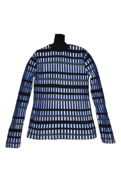 Cobalt blue and navy rayon-blend racked 3D check turtleneck top