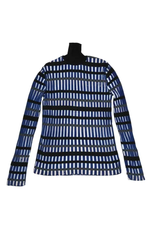 Cobalt blue and navy rayon-blend racked 3D check turtleneck top