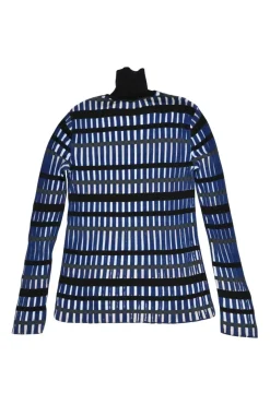 Cobalt blue and navy rayon-blend racked 3D check turtleneck top
