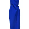 Cobalt blue bias-cut paneled polyester one-shoulder slit-back sheath dress with tuck-pleat detailing at waist