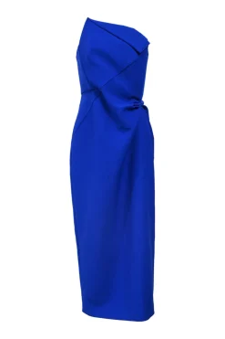 Cobalt blue bias-cut paneled polyester one-shoulder slit-back sheath dress with tuck-pleat detailing at waist