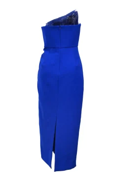 Cobalt blue bias-cut paneled polyester one-shoulder slit-back sheath dress with tuck-pleat detailing at waist