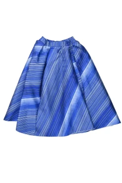 Cobalt blue bias-cut striped polyester-blend midi circle skirt