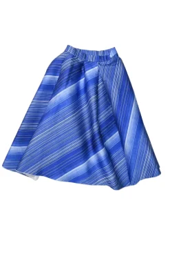 Cobalt blue bias-cut striped polyester-blend midi circle skirt
