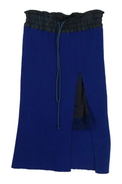 Cobalt blue cotton-blend pull-on high-rise overlay drawstring waist skirt with built-in slip skirt insert