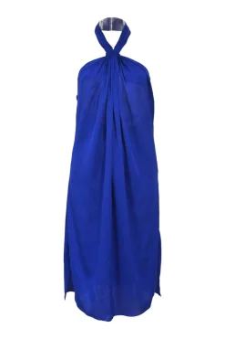Cobalt blue draped silk-blend Grecian halter-neck shift dress