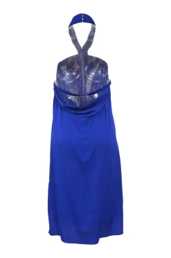 Cobalt blue draped silk-blend Grecian halter-neck shift dress