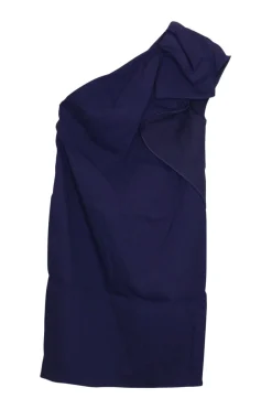 Cobalt blue linen-blend one-shoulder cascade ruffle mini sheath dress