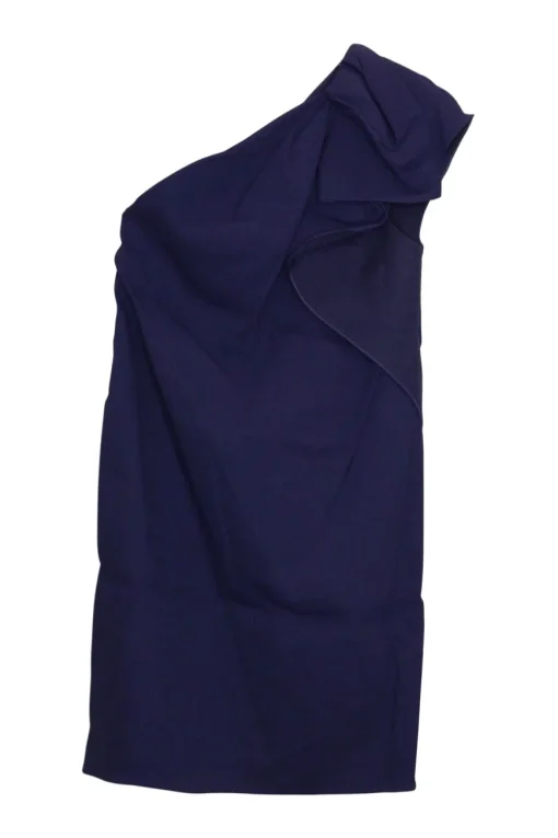 Cobalt blue linen-blend one-shoulder cascade ruffle mini sheath dress