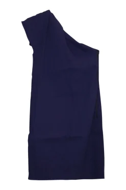 Cobalt blue linen-blend one-shoulder cascade ruffle mini sheath dress