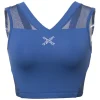 Cobalt blue polyamide-blend plunge neck crop top with tonal warp knit mesh inserts