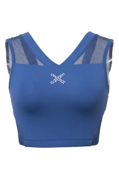 Cobalt blue polyamide-blend plunge neck crop top with tonal warp knit mesh inserts