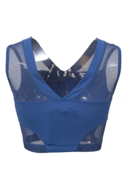Cobalt blue polyamide-blend plunge neck crop top with tonal warp knit mesh inserts