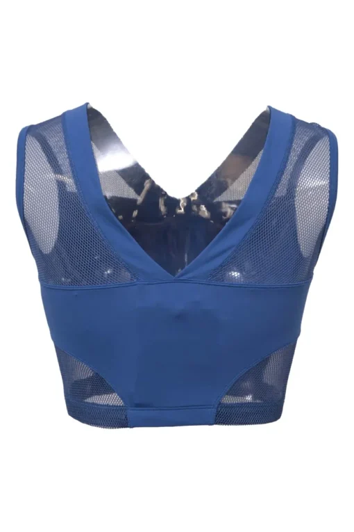 Cobalt blue polyamide-blend plunge neck crop top with tonal warp knit mesh inserts