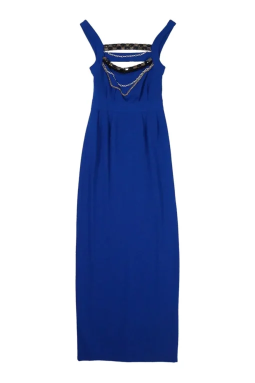 Cobalt blue polyester crêpe de Chine column gown with cutout back and fixed multi-strand necklace