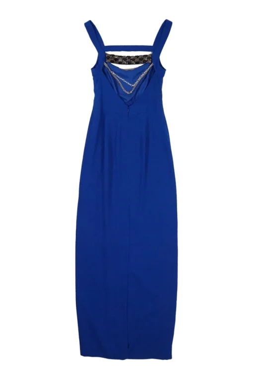 Cobalt blue polyester crêpe de Chine column gown with cutout back and fixed multi-strand necklace
