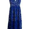 Cobalt blue polyester guipure lace fit and flare illusion midi dress