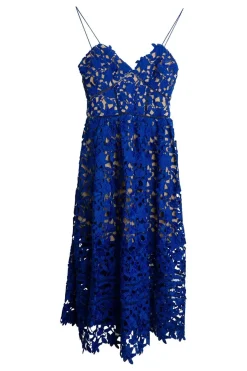 Cobalt blue polyester guipure lace fit and flare illusion midi dress