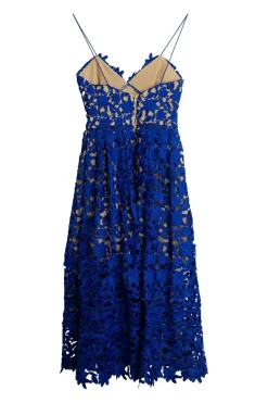Cobalt blue polyester guipure lace fit and flare illusion midi dress